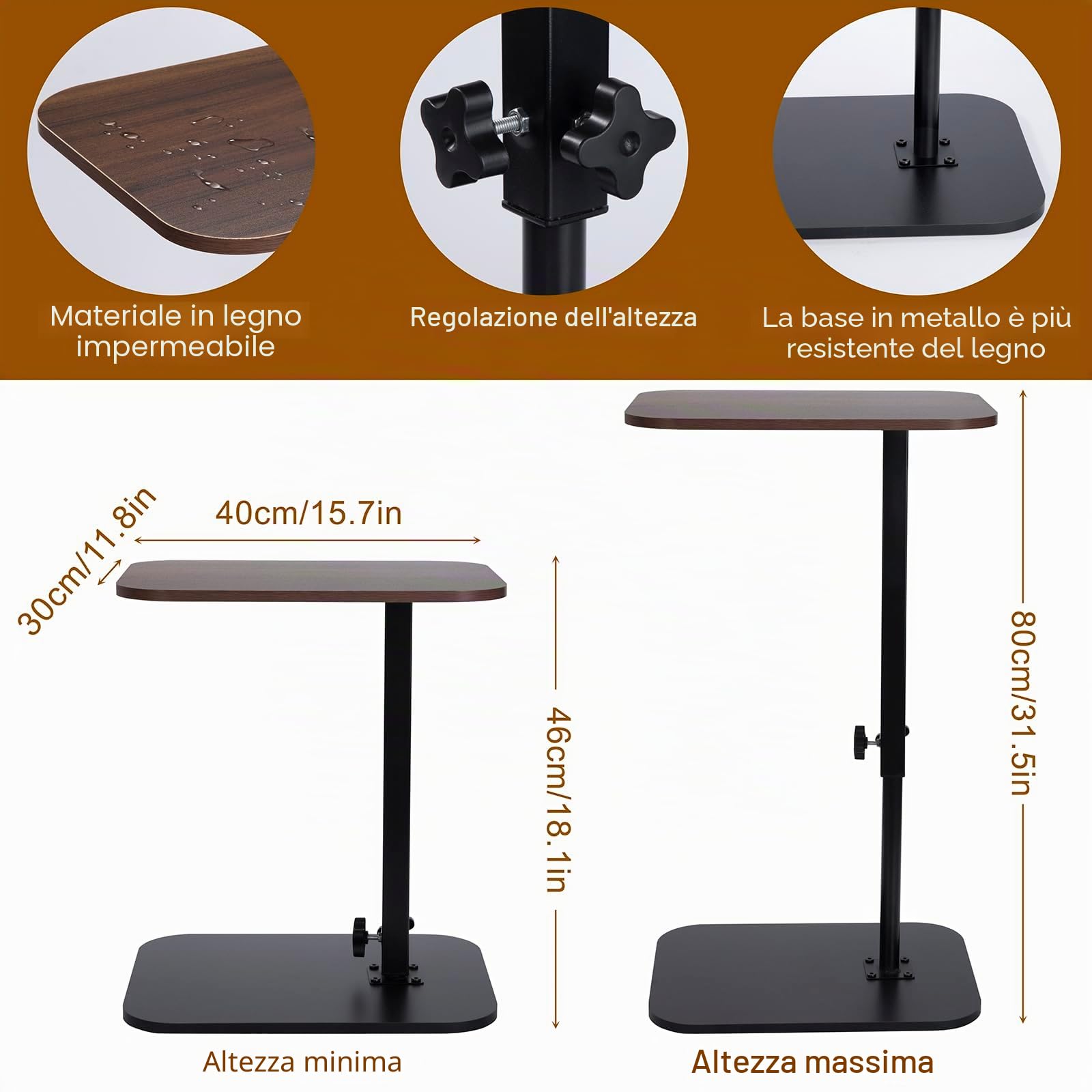 Tavolino in Legno Tavolino Ausiliario per Divano e Letto Tavolini a Forma di C Girevole a 360° Comodino Per Soggiorno, Divano, Letto