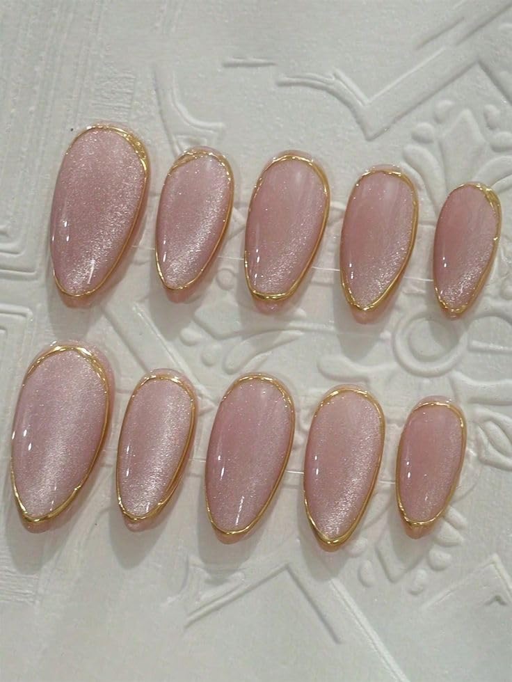 Pink Shimmer Gold Frame Press On Nails Pack of 10 Almond Coffin Shape with Application Kit Glue Tabs Buffer Cuticle Pusher - Reusable Fake Nails-image-14