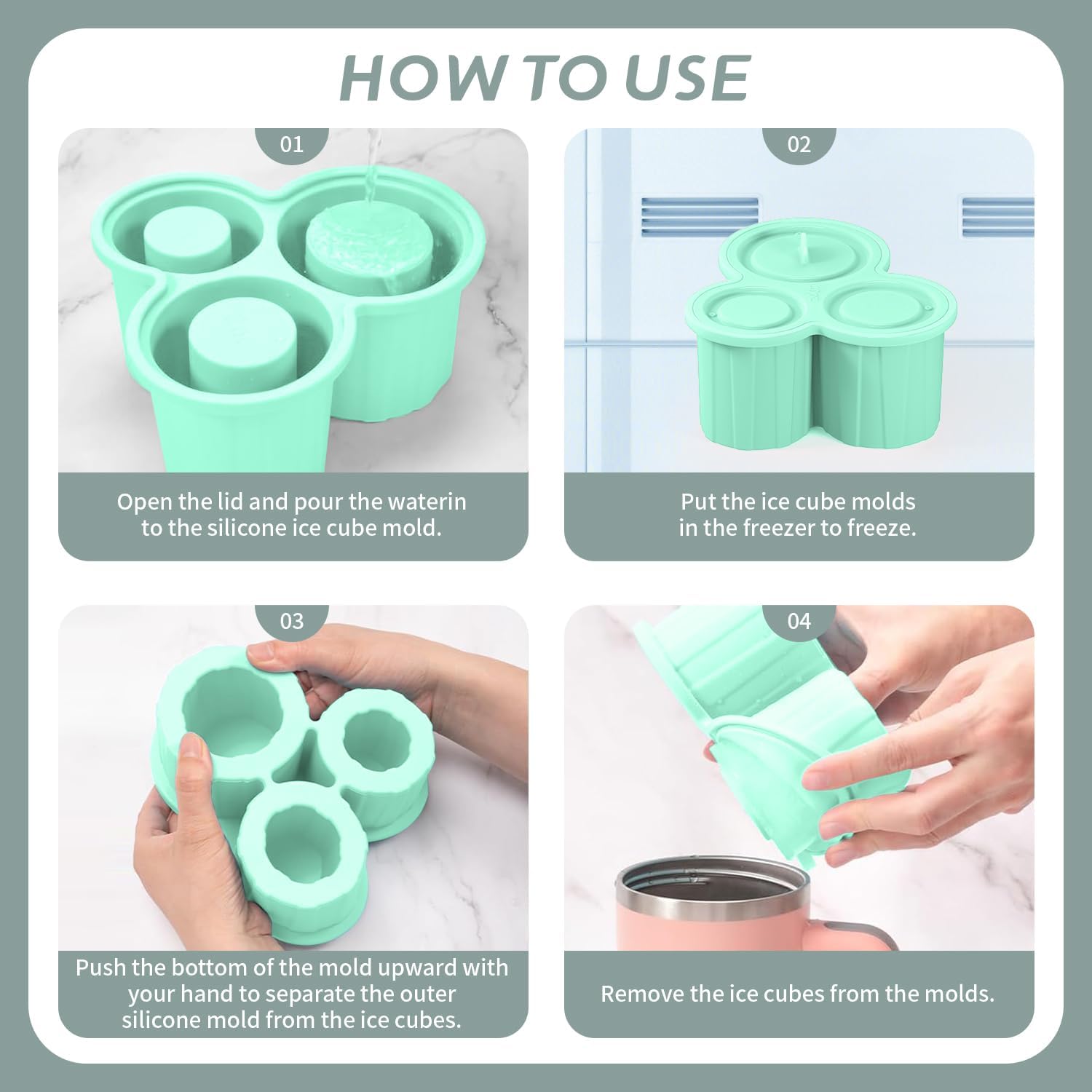 Silicone Ice Cube Tray for Tumbler cups -3 Pack Hollow Cylinder Ice Molds with Lids，Chilled Drink, Juice, Whiskey，Soda,Cocktail (Green)