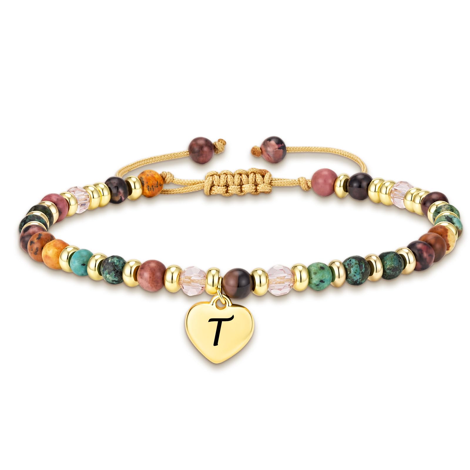 KLIFOWDY Naturstein Armband Damen mit Herzanhänger Buchstaben Design | Verstellbar 6,5 bis 10 Zoll, Geburtstagsgeschenk für Freundin, Schwester Mädchen