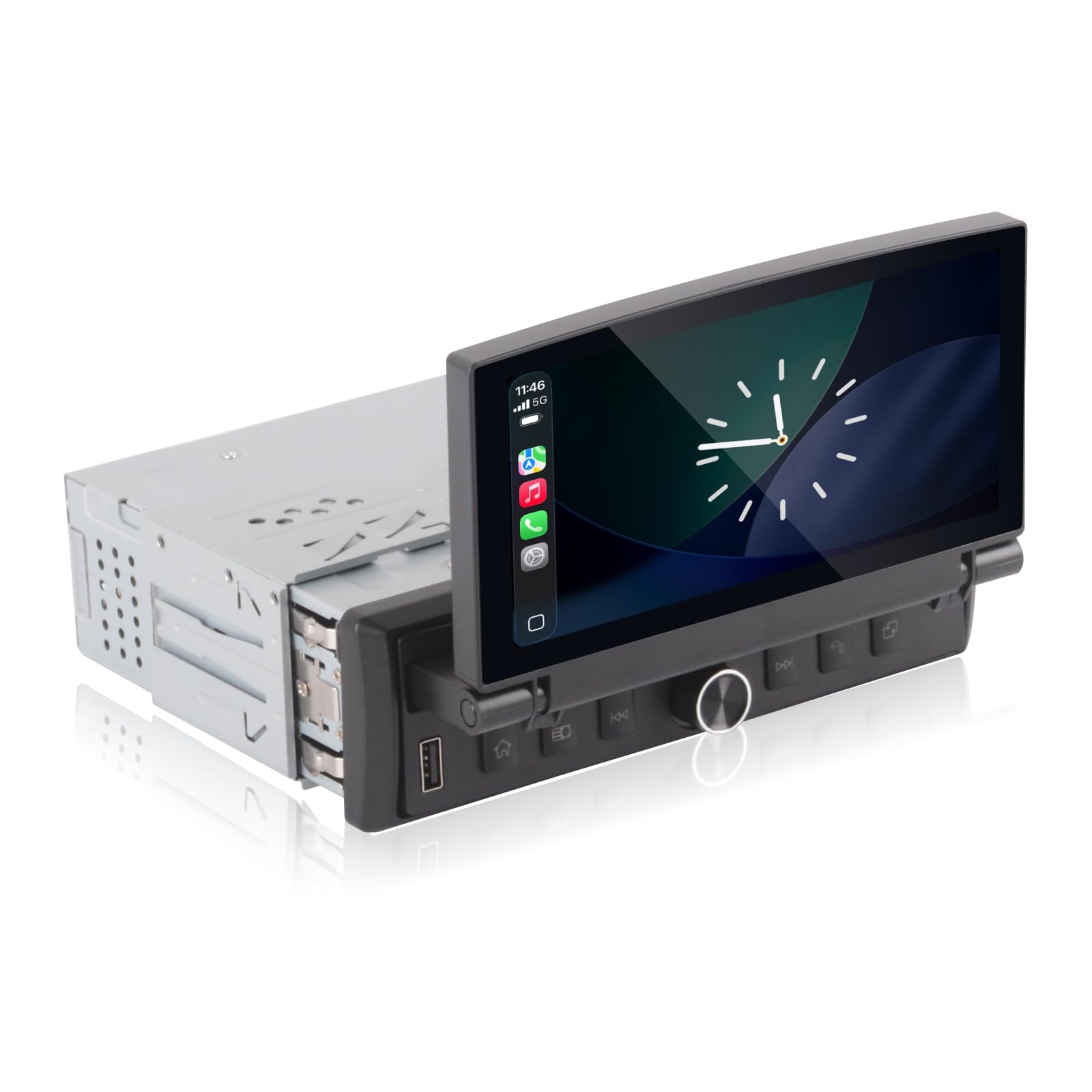 Autoradio singolo DIN con schermo a scomparsa, CarPlay wireless e Android Auto, autoradio con touchscreen a scomparsa e qualità audio di livello OEM, Bluetooth, FM RDS