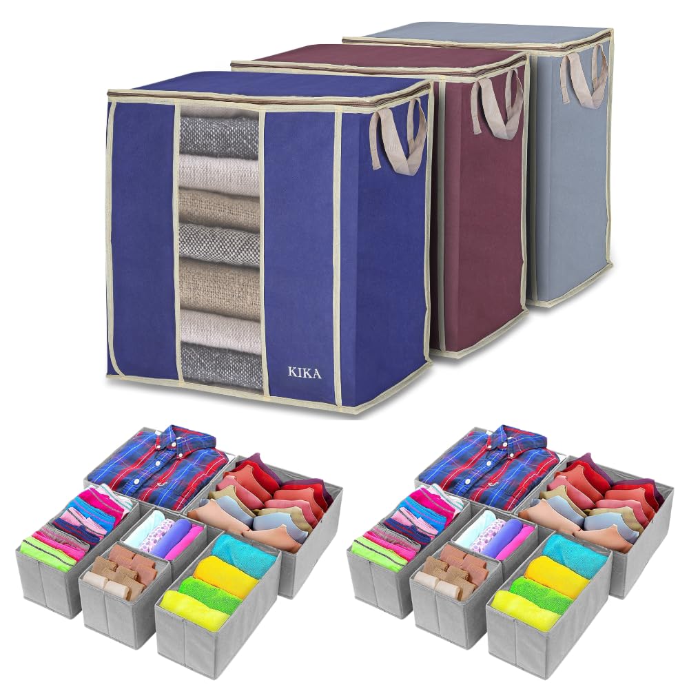 KIKA HOMS Combo of Tall 60 Clothes Storage Bag (3 pcs, MultiColor) & Clothes Drawer Organizers (12 pcs, Steel Grey) (B0D5FPFWFQ) Amazon Price History, Amazon Price Tracker