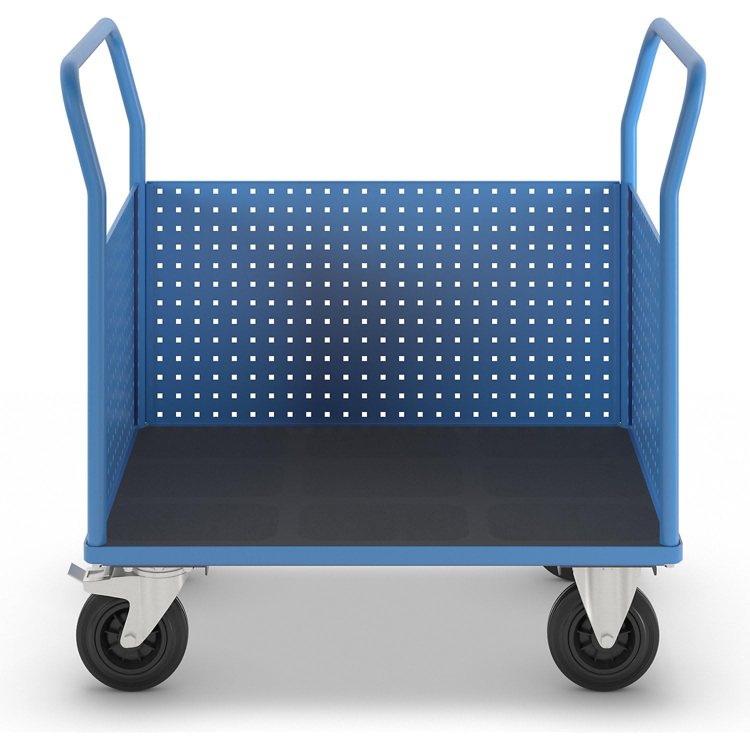 eurokraft pro | Plattformwagen | Mit 3 hohen Lochblechwänden, LxB 1050 x 700 mm, Vollgummi