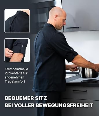 beb Chef's Jacket Men & Women Black - Comfortable Fit & Robust Quality - Breathable & Industrial Washable - Snaps Unisex XS - 3XL