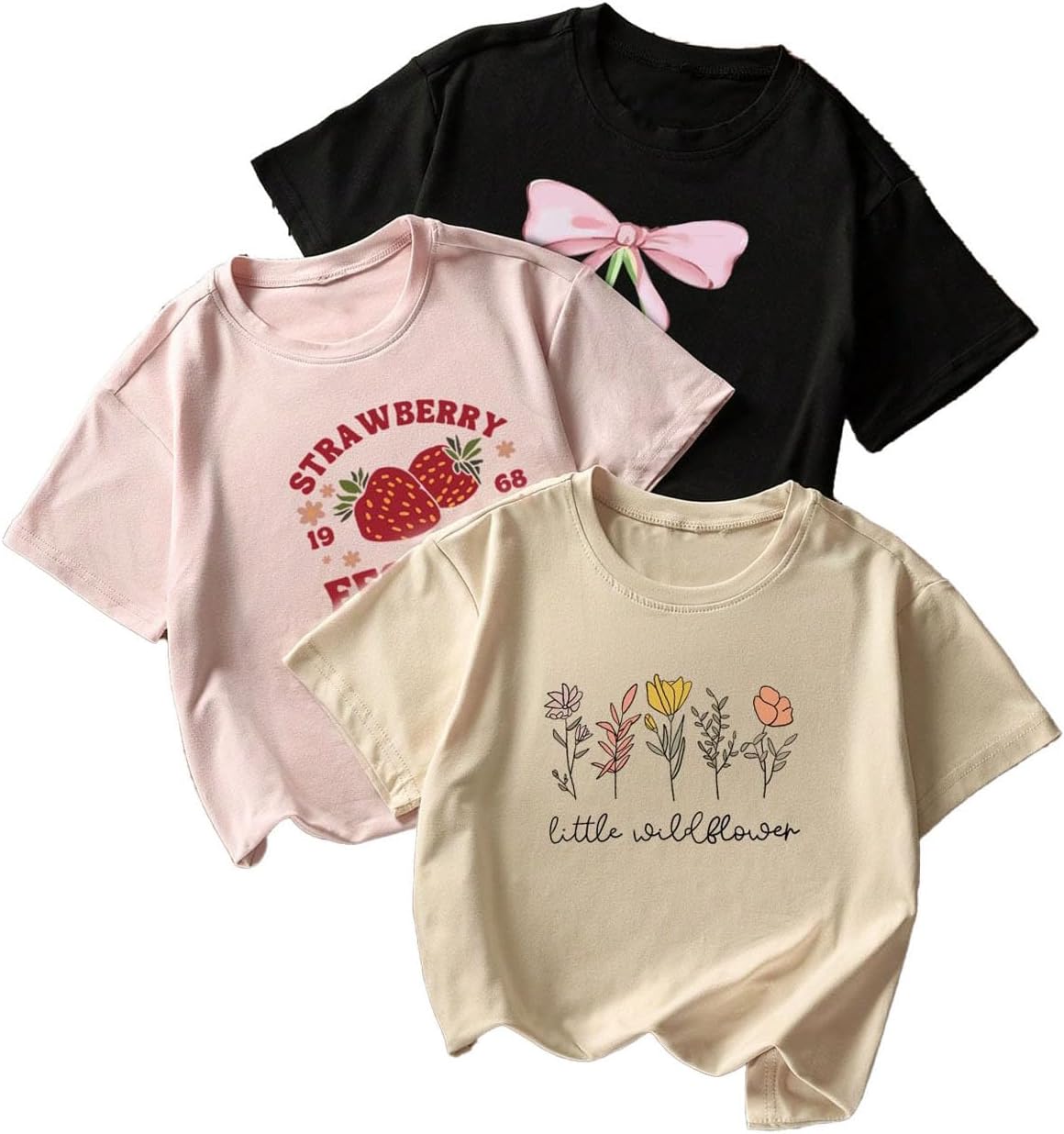 RoseSeek Girl's 3 Pack Cute Graphic Tees Letter Print Crew Neck Short Sleeve T Shirts Set Summer Tops