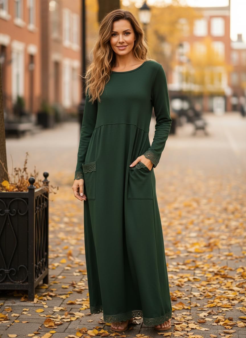 Womens Oversized Fleece Lined Knit Long Maxi Dress Lace Trim Fall Casual Sweatshirt Dresses with Pockets for Women - Image 2