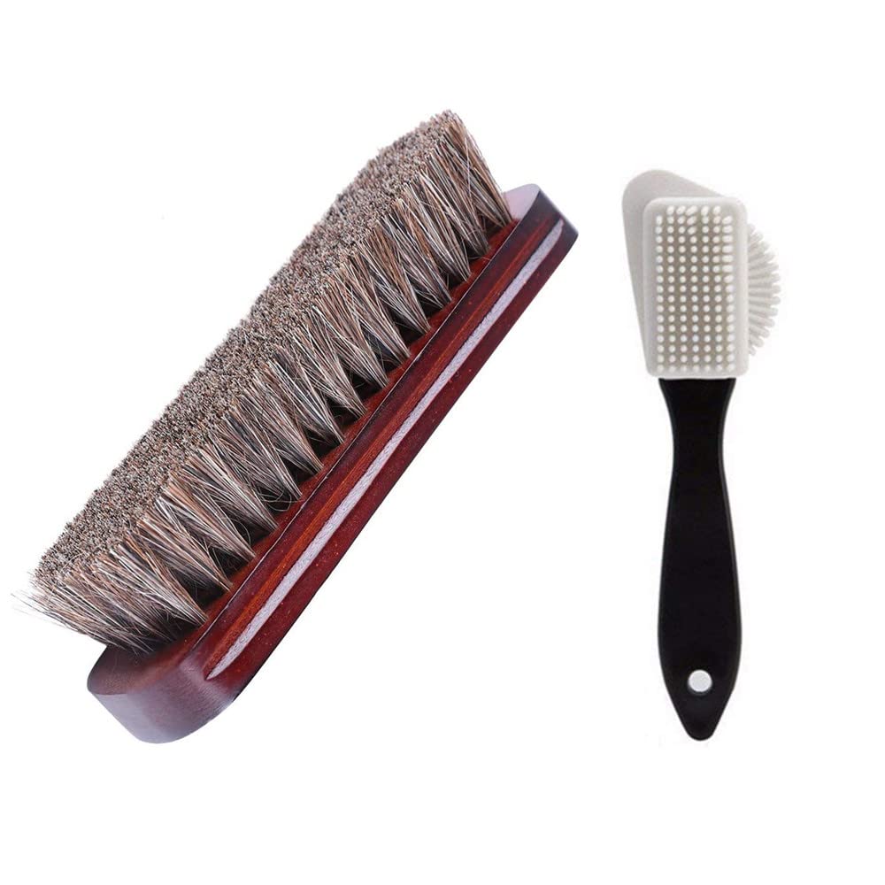 LECCEE 2 Pack Shoe Brush,Natural Horsehair Shoe Brush and Suede Leather Nubuck Brush,Footwear Shine, Polish, Buff and Clean