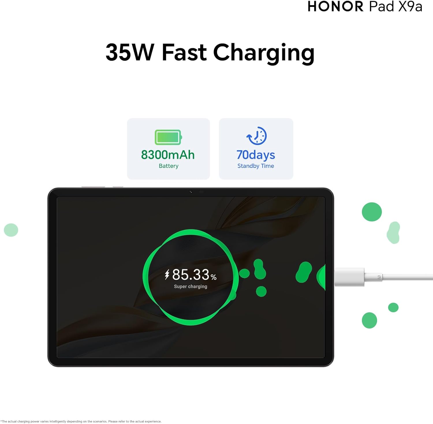 HONOR Pad X9a tablet connected to a charger, showing 85.33% super charging status and icons for 8300mAh battery and 70 days standby time.
