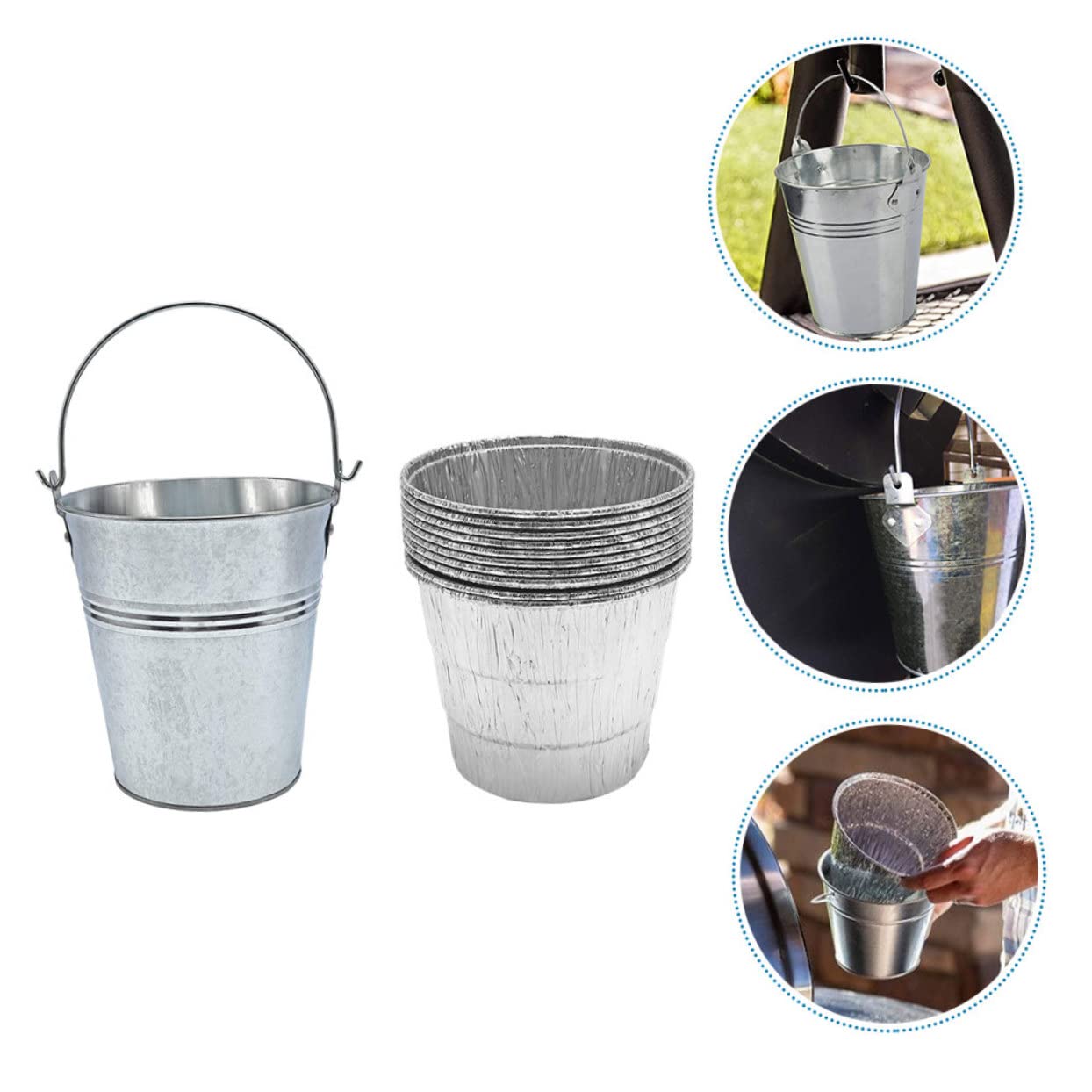 Barbecue Grease Bucket in Ferro Argento con 10 Pezzi