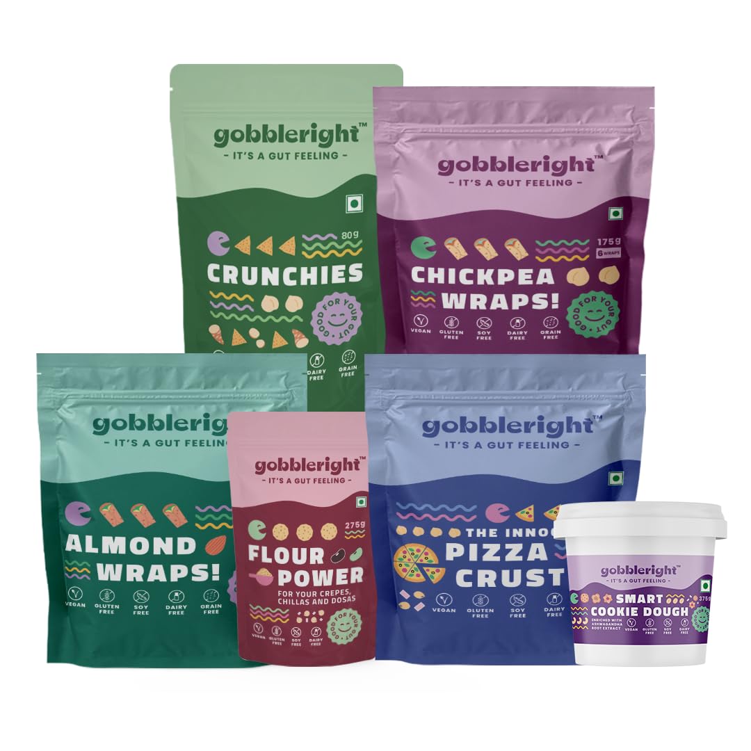 gobbleright Complete Combo Pack/ Chickpea Wraps (175gm), Almond Wraps (175gm), Smart Cookie Dough (350gm), Flour Power (275gm), Pizza Crust (250gm) & Crunchies (80gm) Pack of 6-image-46