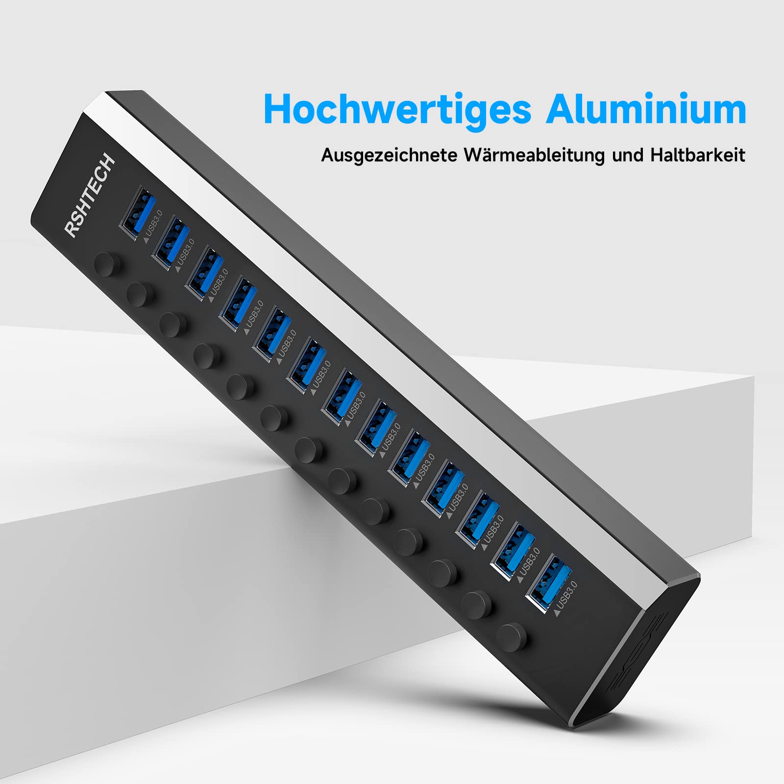 Hub USB z zasilaczem, RSHTECH aluminiowy koncentrator USB Aktiv 3.0 z zasilaczem 72 W (12 V/6 A), 13-portowy koncentrator USB aktywny z kablem do transmisji danych 100 cm, do ładowania i przesyłania