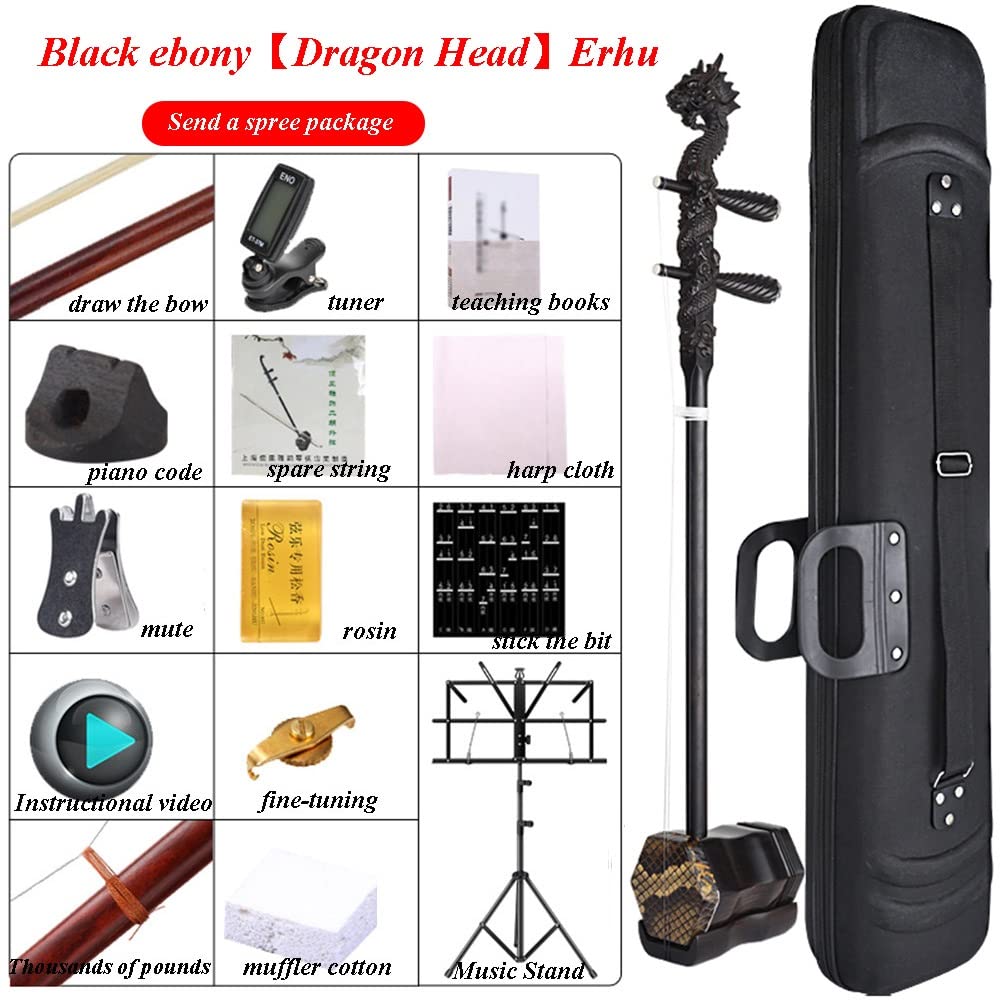 Cinese Erhu, 2 Stringhe Violino Legno Di Sandalo Nero Erhu Con Testa Di Drago Incisa Strumento Musicale Violino + Accessori Gratuiti Per Principianti Performance Professionali E Avanzate(Black-B)