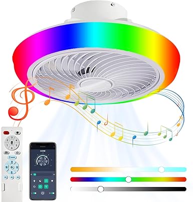 VOMI VOMI RGB Plafondventilator met Verlichting 46CM Plafondlamp Ventilator met Afstandsbediening En APP Stille Ventilator met Bluetooth Speaker Dimbare Omkeerbare Plafondventilatoren met Lamp Woonkamer