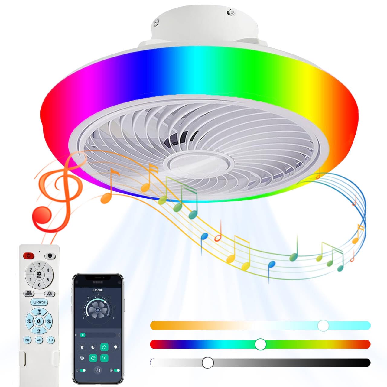 VOMI Ceiling Fan with RGB Light Ceiling Lamp with Fan and Remote Control LED Dimmable Lamp Fans Ceiling Bedroom with Bluetooth Speakers, 6 Speeds Reversible