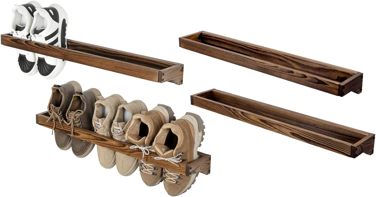 MyGift 30 Inch Rustic Burnt Solid Wood Hanging Shoe Rack, Set of 4 Wall Mounted Storage Organizer Footwear Holder for Closet, Mudroom, Entryway, Holds 12 Pairs Burnt Wood-4 Set of 4