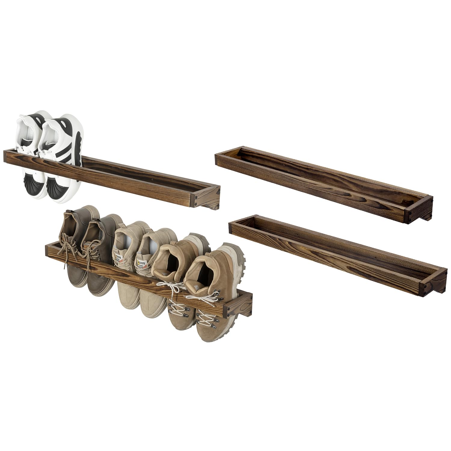 MyGift 30 Inch Rustic Burnt Solid Wood Hanging Shoe Rack, Set of 4 Wall Mounted Storage Organizer Footwear Holder for Closet, Mudroom, Entryway, Holds
