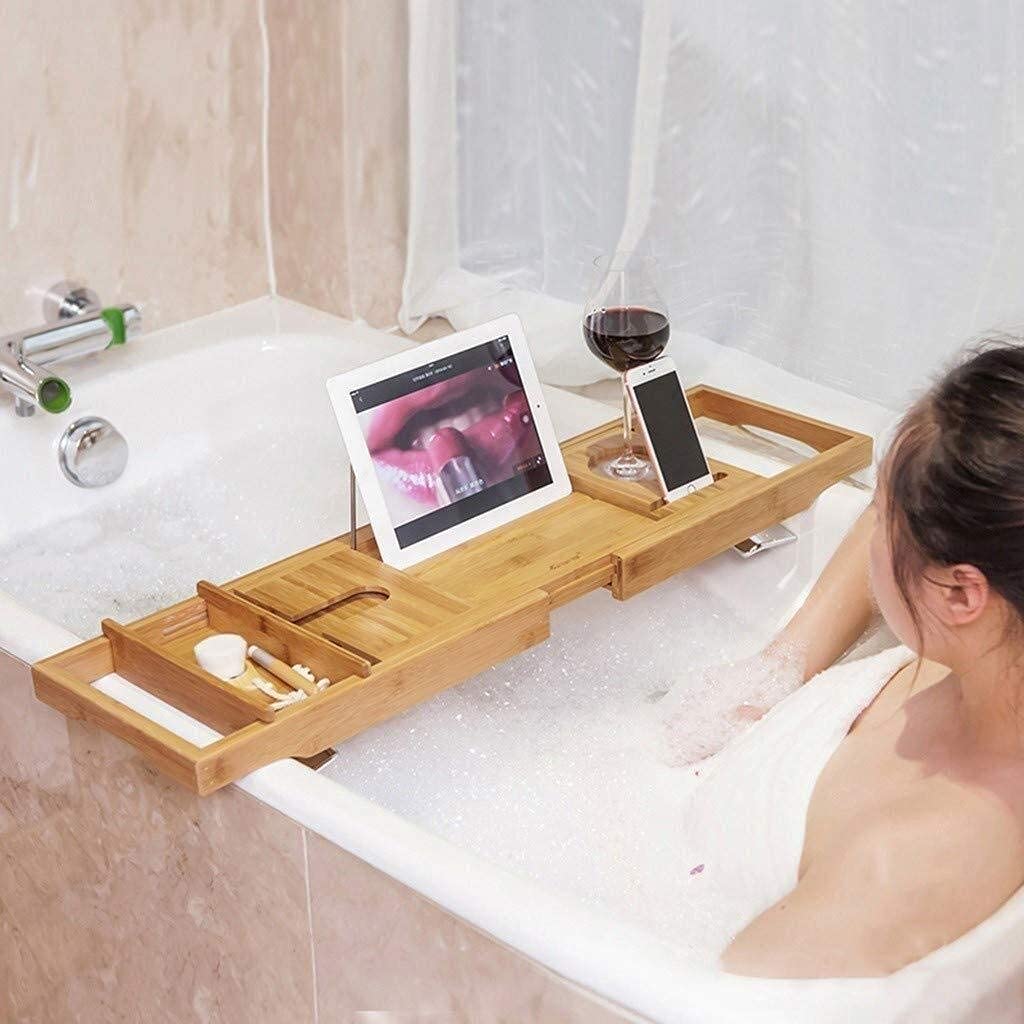 Bandeja de baño Estante de bañera Estante de baño telescópico Estante Multifuncional de baño con Soporte para Tableta Bandeja para teléfono Celular y Soporte para Copa de Vino