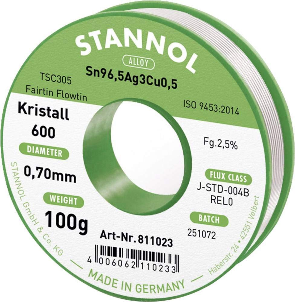 Stannol 811023 FLOWTIN TSC305 Fairtin Kristall 600 - Filo di saldatura da 0,7 mm, bobine da 100 g