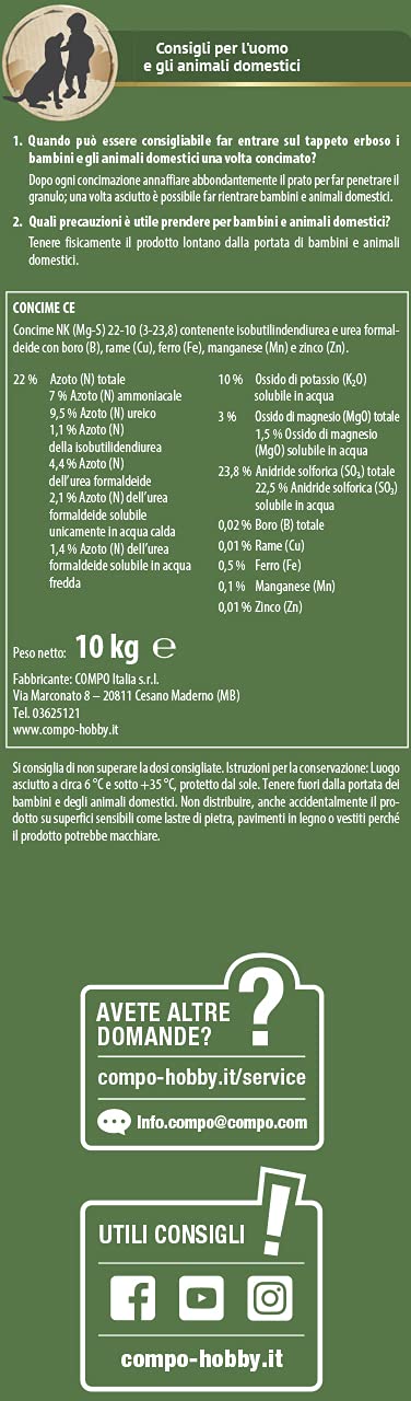 COMPO Concime per Prato, Concime Granulare, Per un manto erboso sano e rigoglioso, Nutrimento fino a 4 mesi, 10 kg