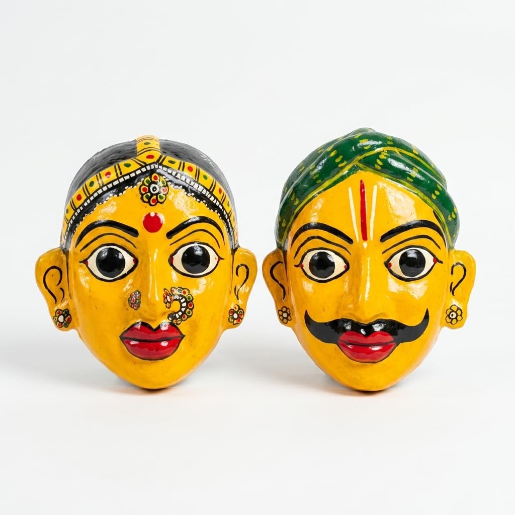 Handcrafted Telangana Cheriyal Painting Face Masks Set of 2 (6 Inches) | Traditional Indian Nakashi Mask for Wall Hanging, Home Living Room Decor (Yellow)-image-25