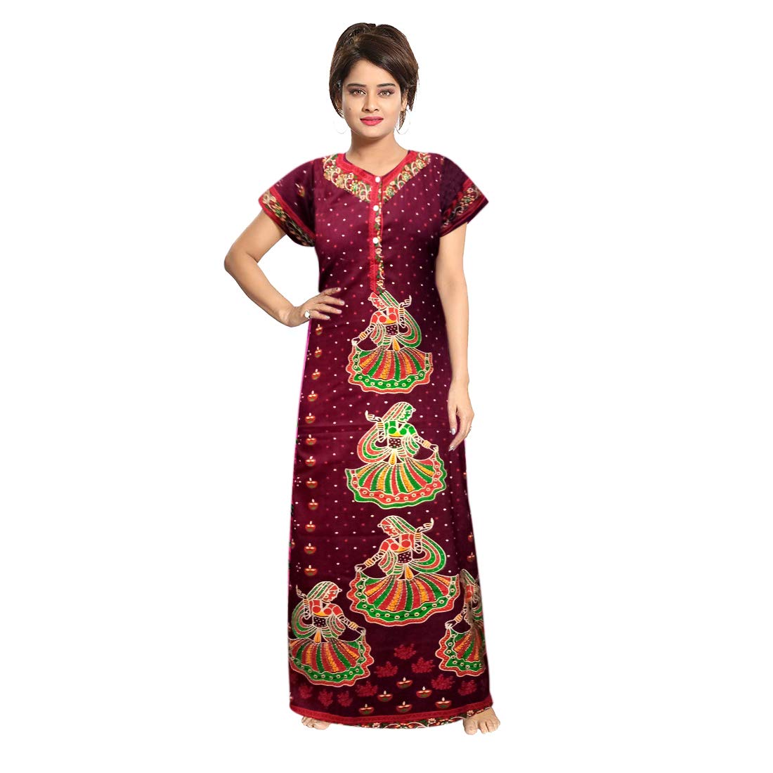 GenericSRK Classy Cotton-Gujari Maroon Printed Fully Adjustable Size Women Nighty (Free Size- 36-44)