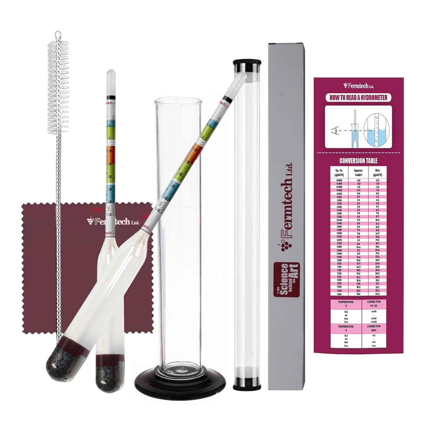 Fermtech Glass Triple Scale Hydrometer Kit – Test ABV, Brix, Gravity for Wine, Beer, Mead & Kombucha, with Microfiber Cloth & Storage Case, Easy Home Brewing Tool for All Experience Levels (Hydro+Jar)