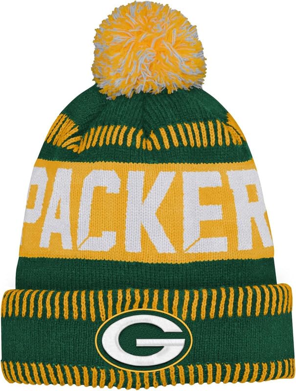 OuterstuffNFL Kids Youth 8-20 One Size Team Color Primary Logo Official Sports Tech Knit Cold Weather Football Pom Beanie Hat