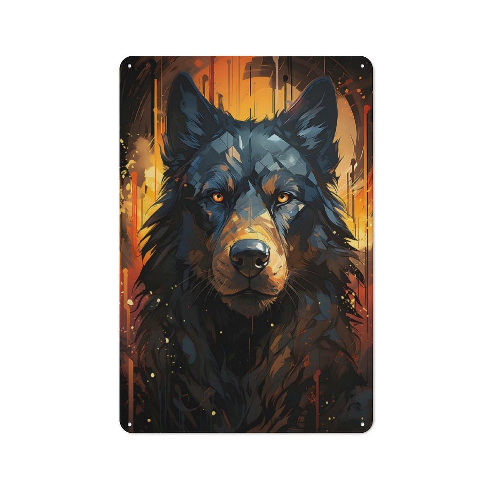 Junmoney Style-19 Black Wolf Painting Tin Sign 30X20cm, Garage Style Workshop Wall Decor For Garage, Workshop, Shed Or Utility Room