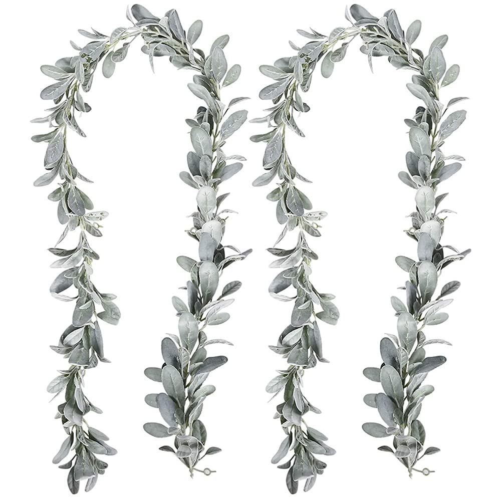 CTRLZS 2 Pcs Artificial Flocked Lambs Ear Garland - 6Ft/Piece Soft Faux Vine Greenery and Leaves for Framhouse Mantle Decor
