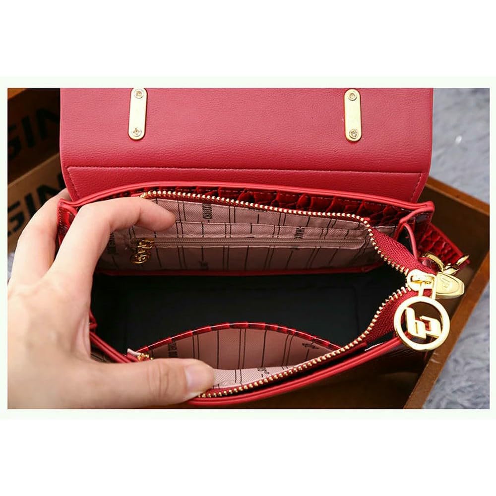 Bolsos de Mano para Mujer Bolso Bandolera de Piel auténtica roja con Estampado de cocodrilo Bolsos de Mano portátiles