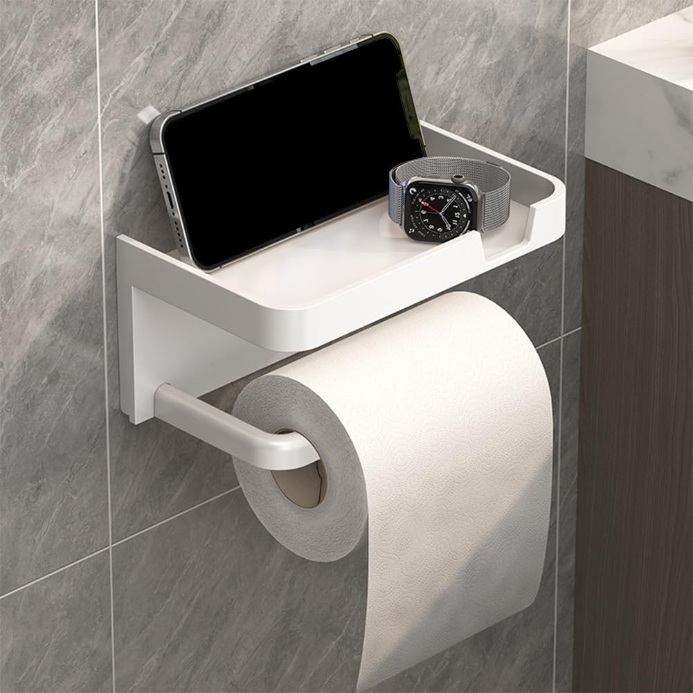 Porta Carta Igienica Da Parete Uootach - Senza Foratura, In Alluminio Con Ripiano, Bianco - Adesivo O Chiodi - Foto 6