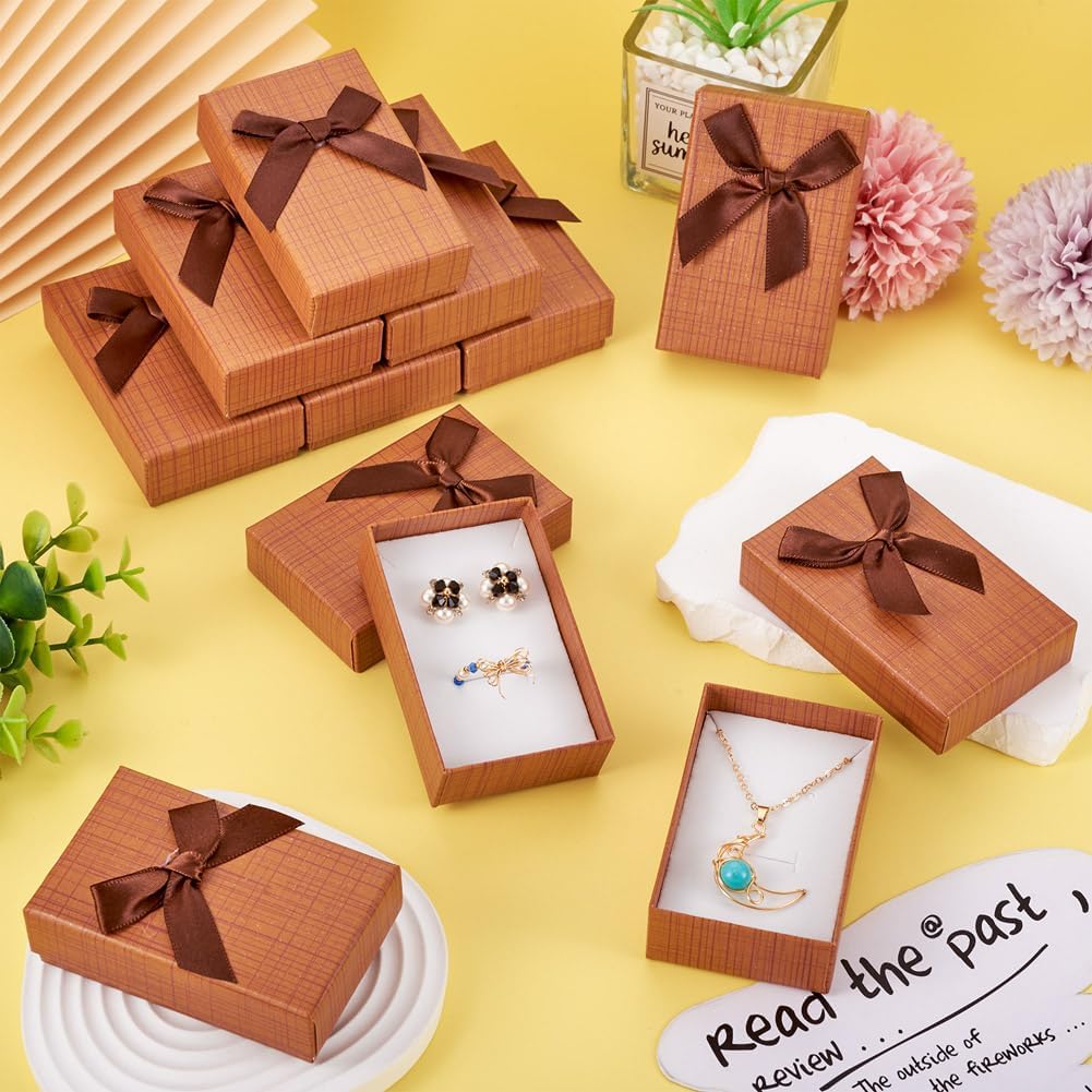 KISSITTY 12Pcs Cardboard Paper Jewelry Gift Boxes Rectangle Jewelry Package Boxes with Sponge Bowknot 3.27x2.09x0.94 Inch Earring Necklace Ring Storage Boxes for Jewelry Packaging (BurlyWood) image 2