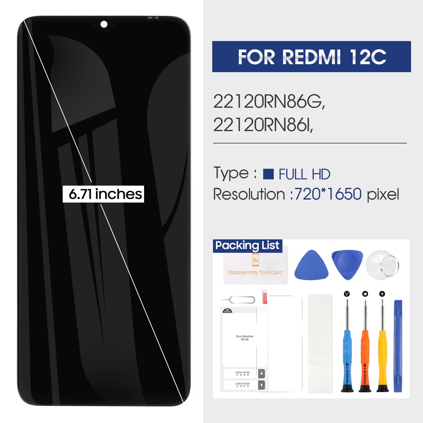 Schermo LCD Xiaomi Redmi 12C 22120RN86G 22120RN86I - Display Touch Sostituzione Con Strumenti, 6.71 Pollici