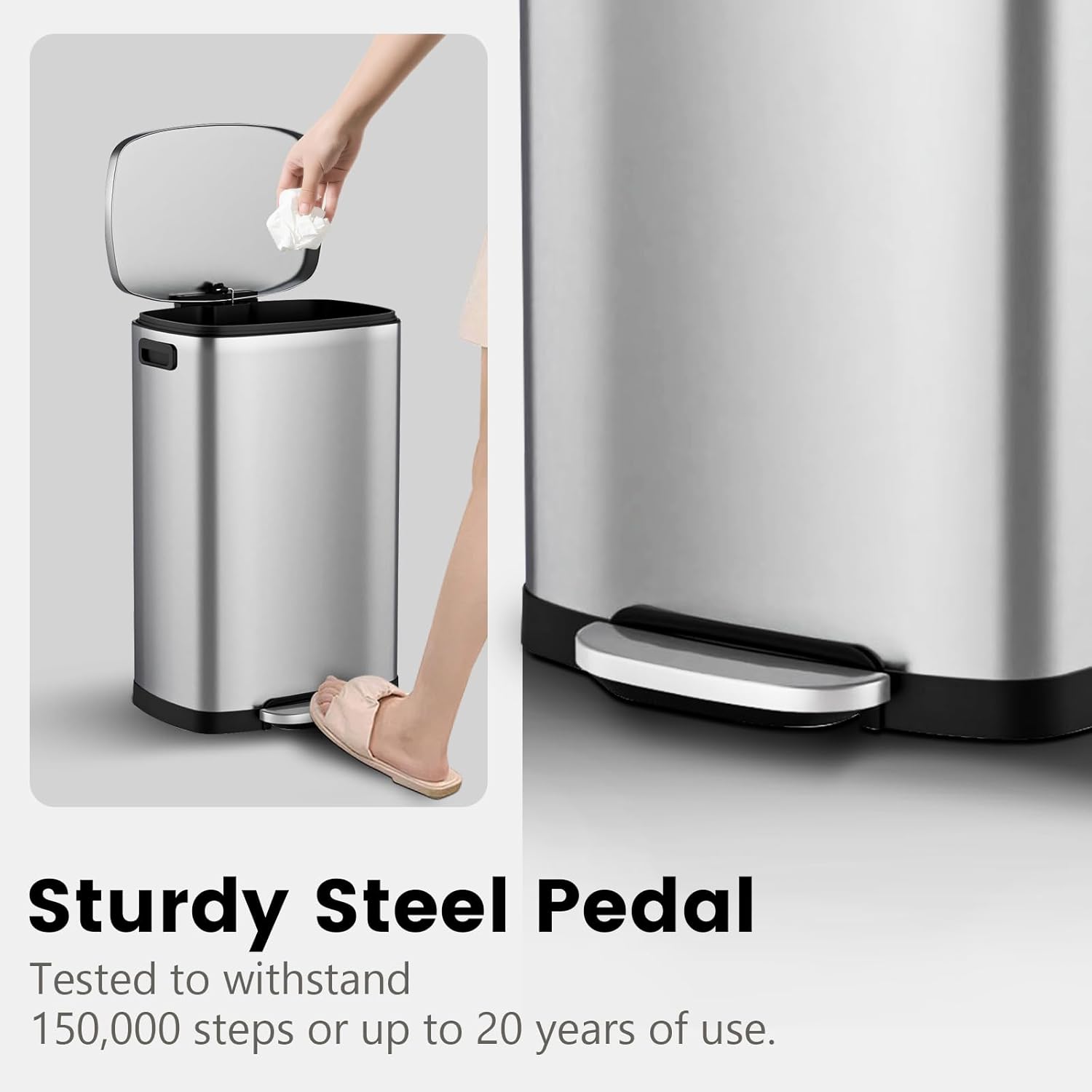 ELPHECO Kitchen Trash Can with Lid Soft Close,13 Gallon / 50L Stainless Steel Pedal Garbage Can, Heavy-Duty Fingerprint Proof Step Wastebasket with 20 Bags, Removable Bucket, Home Office, Silver