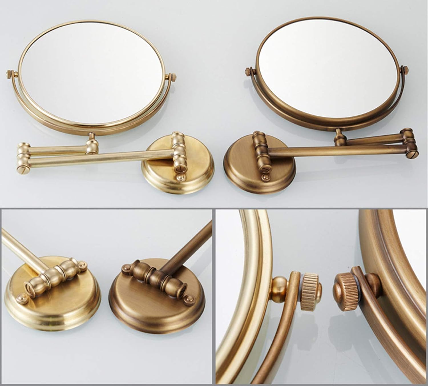 Wandmontage Kosmetikspiegel mit 1X/3X fache Vergrößerung Doppelseitig klappbar Wandspiegel Rasierspiegel 360°Schwenkbar Messing Rund Schminkspiegel für Bad Zuhause Spa und Hotel 20cm (Vintage golden)