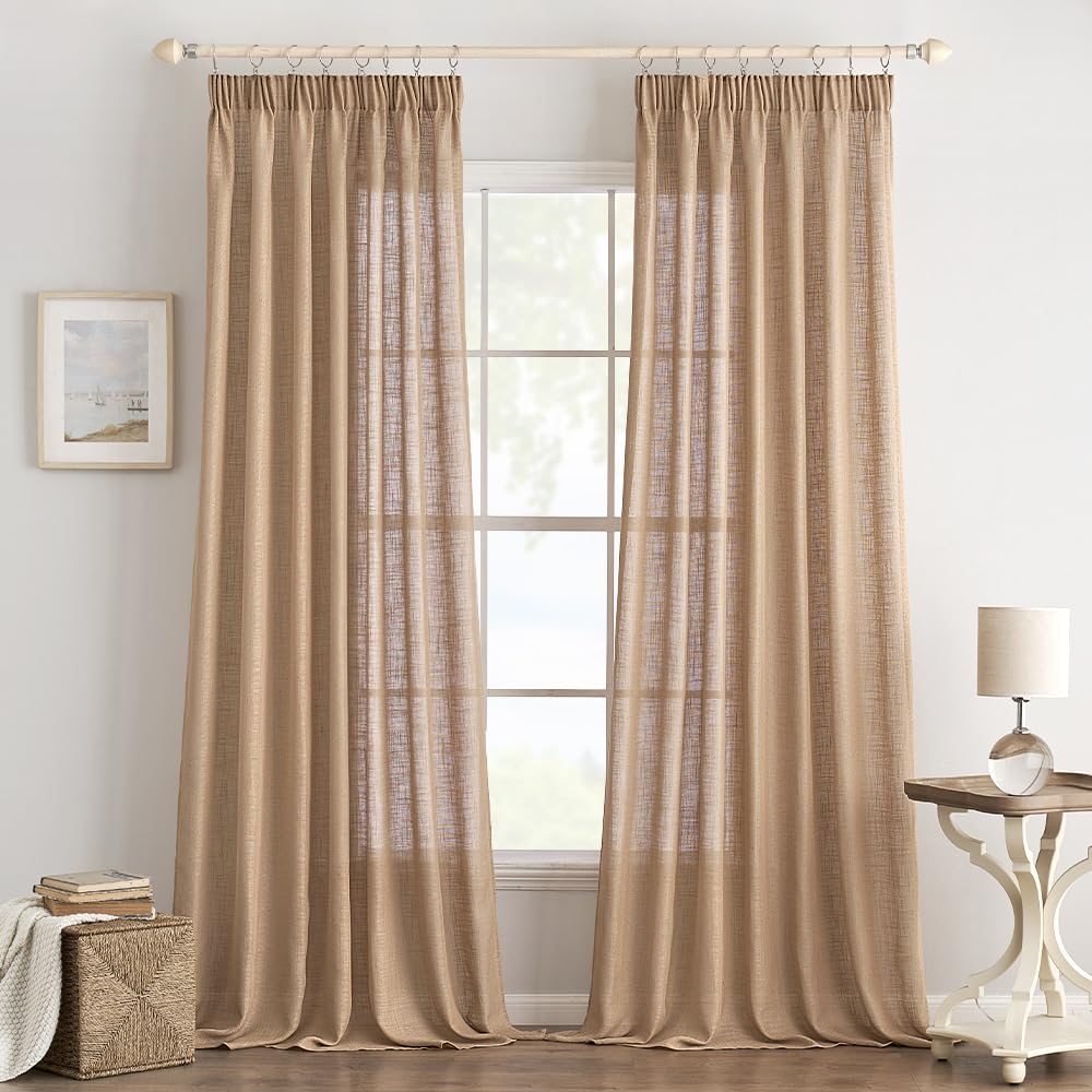 EMEMA Gardinen Vorhänge Leinenvorhang mit Kräuselband Voile Vorhang Leinenoptik Modern Halbtransparent für Wohnzimmer Dekoschal Küchengardinen Schlaufenschal Kinderzimmer