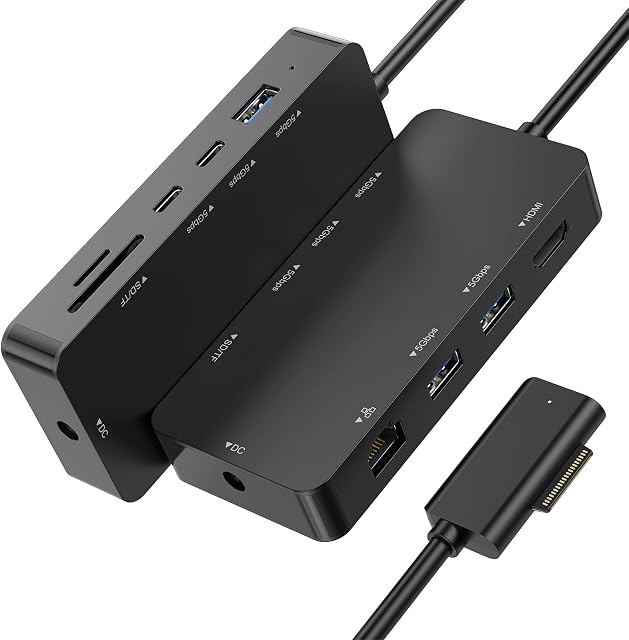 10-in-1 Station d'amarrage de surface pour Surface Pro & Ordinateur portable, 4K@60Hz HDMI, USB-C & USB 3.0 Ports, SD/TF Lecteur de cartes, Gigabit Ethernet, PD Chargement, connexion de surface magnétique