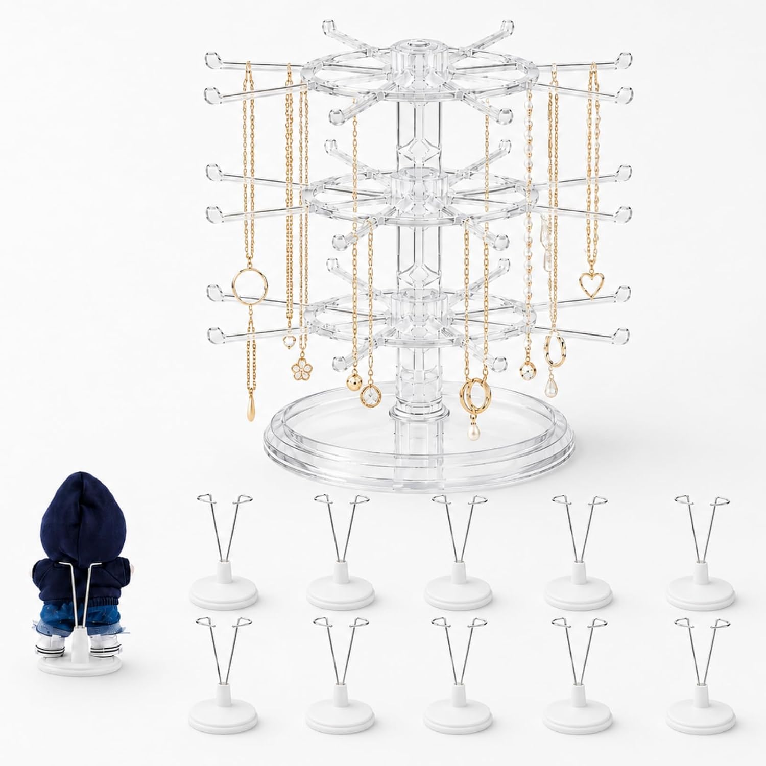 Transparent 360 Degree Rotating Keychain Stand with 10 Figure Supports | For retail, craft shows and home decor, rotating base, compact display holder for keychains, dolls and small figures