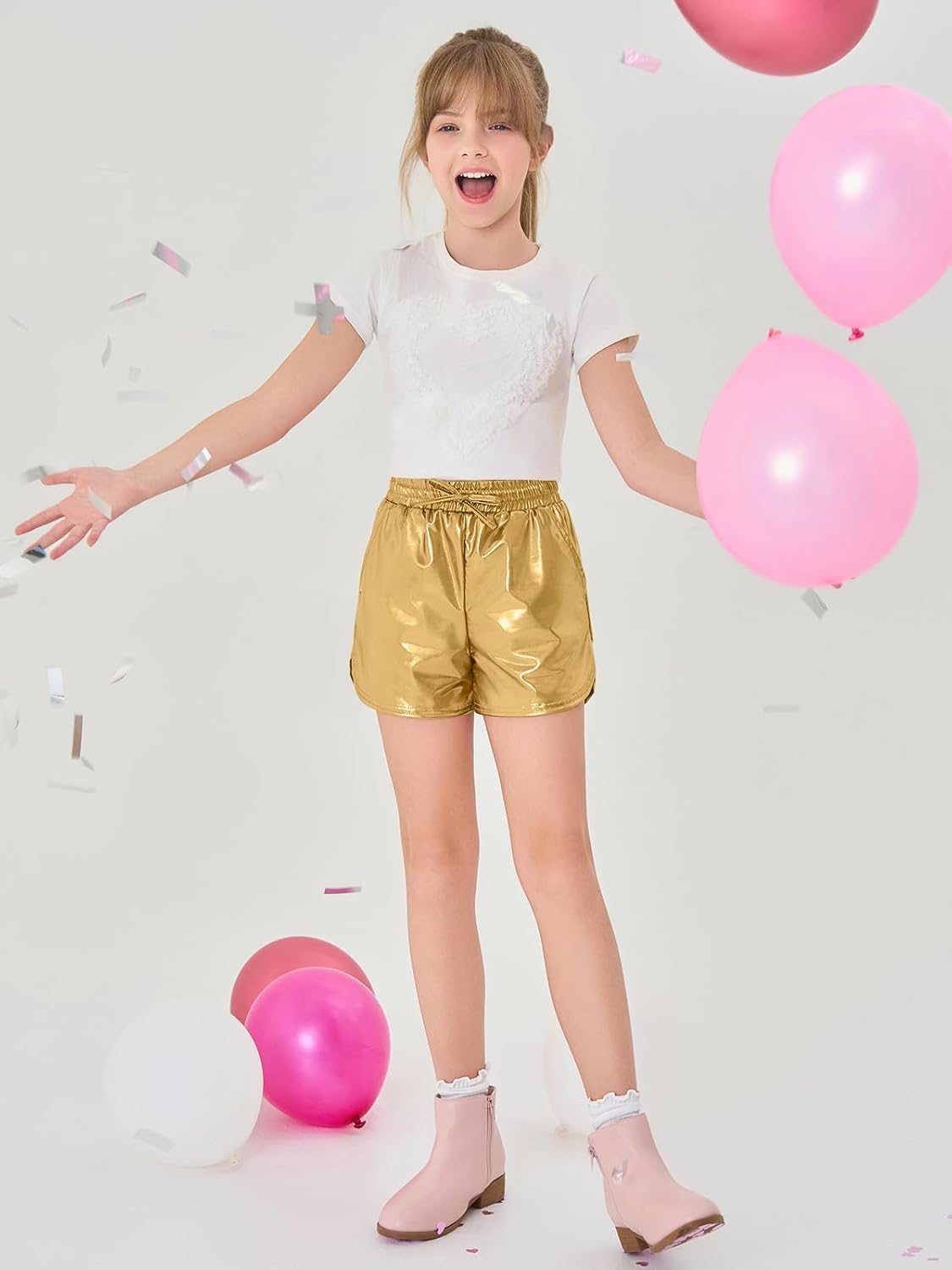 Haloumoning Girls Metallic Shorts Sparkly Dance Outfits Elastic Drawstring Shiny Hot Short Pants 5-14 Years - Image 5