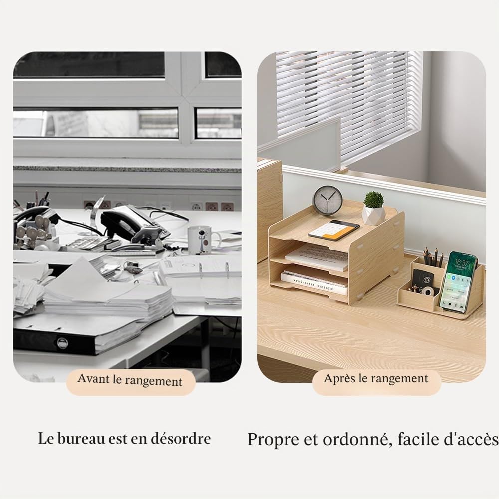 NUODWELL Ensemble de rangement de bureau en bois – Bac à courrier A4 3 niveaux, porte-documents, porte-stylos, organiseur de bureau (chêne)