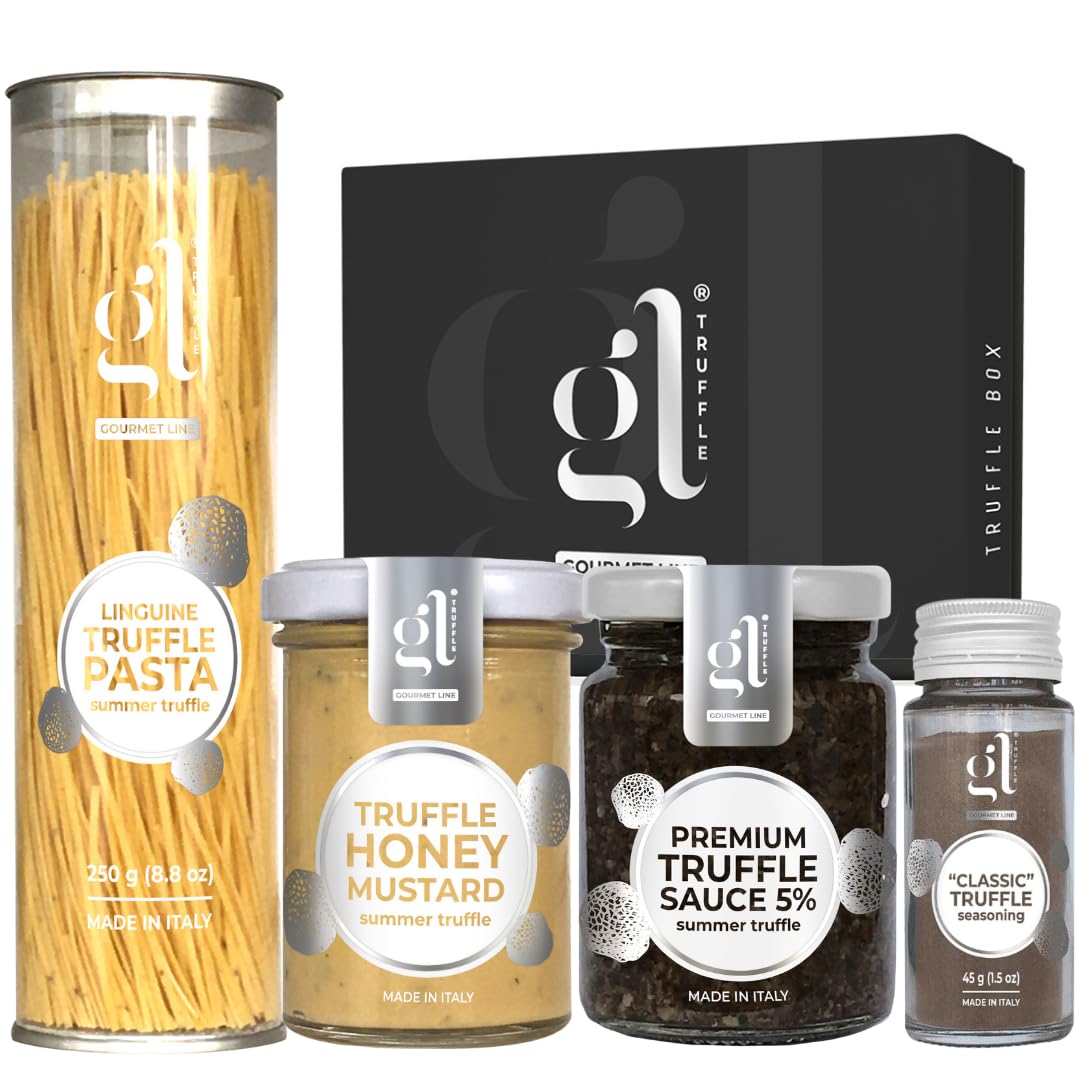 GL Truffle GOURMET LINE, Gourmet Truffle Gift Box Set, ''DELUXE'', Included Linguine Truffle Pasta 250 gr, "CLASSIC'' Truffle Seasoning, Truffle Honey Mustard, Premium Truffle Sauce 5%