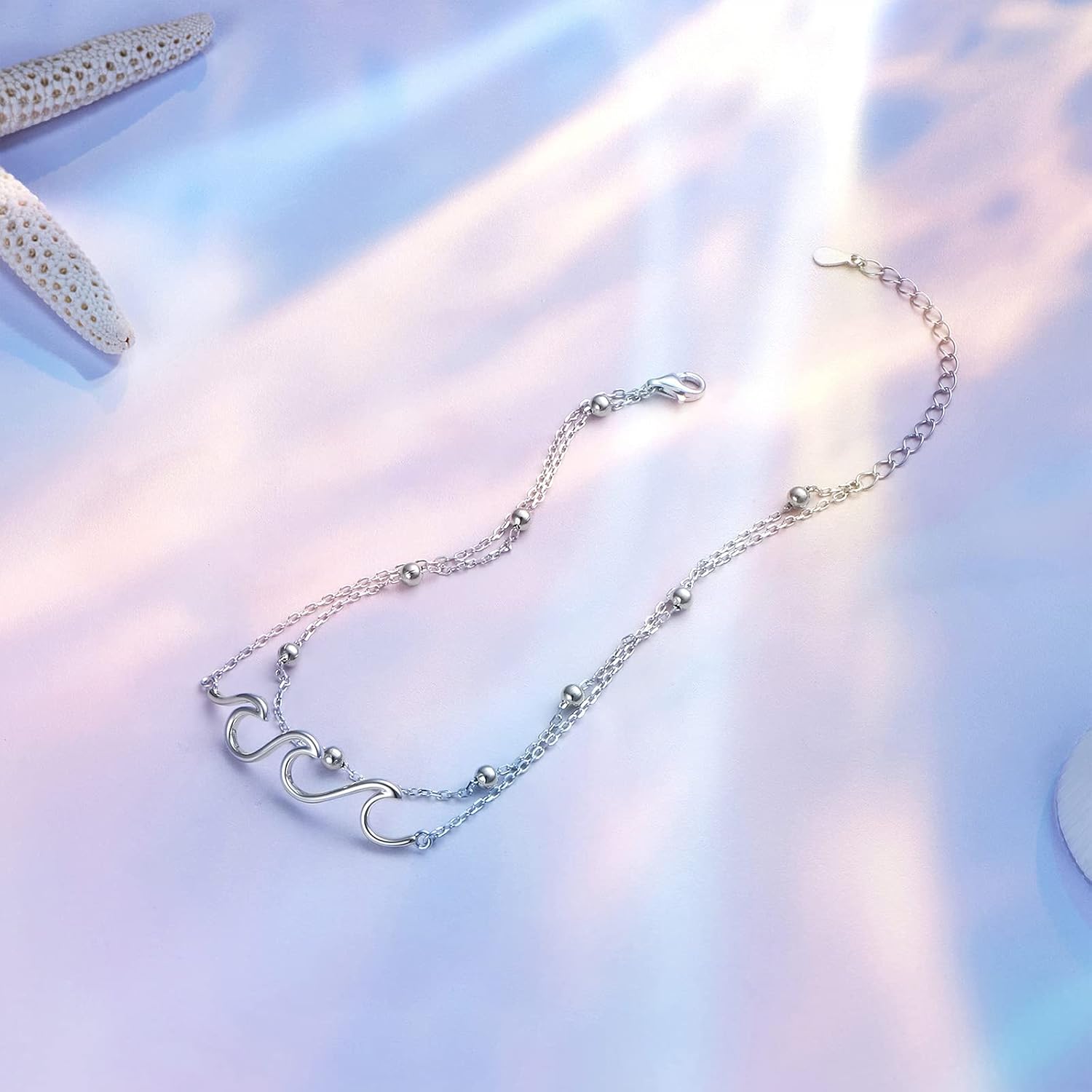 Wave Anklet for Women S925 Sterling Silver Adjustable Starfish Layered Ocean Beach Sea Ankle Foot Bracelet - Image 4
