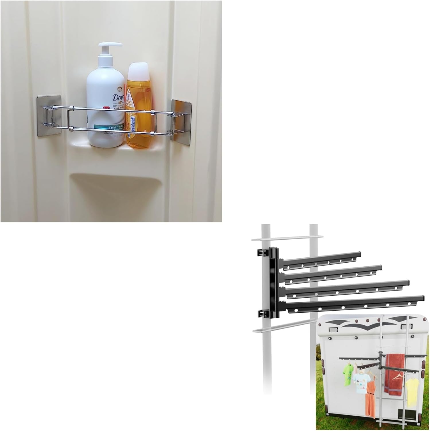 RV Shower Corner Storage Bar + Aluminum RV Clothes Drying Rack Ladder Mounted