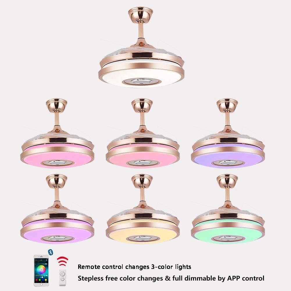 MORE CHANGE 42” Modern Smart Bluetooth Ceiling Fans with Lights and Remote Control, Rose Gold Retractable Chandelier Fan Lighting with Speaker Play Music 7 Colorful Dimmable Fixture for Living Room