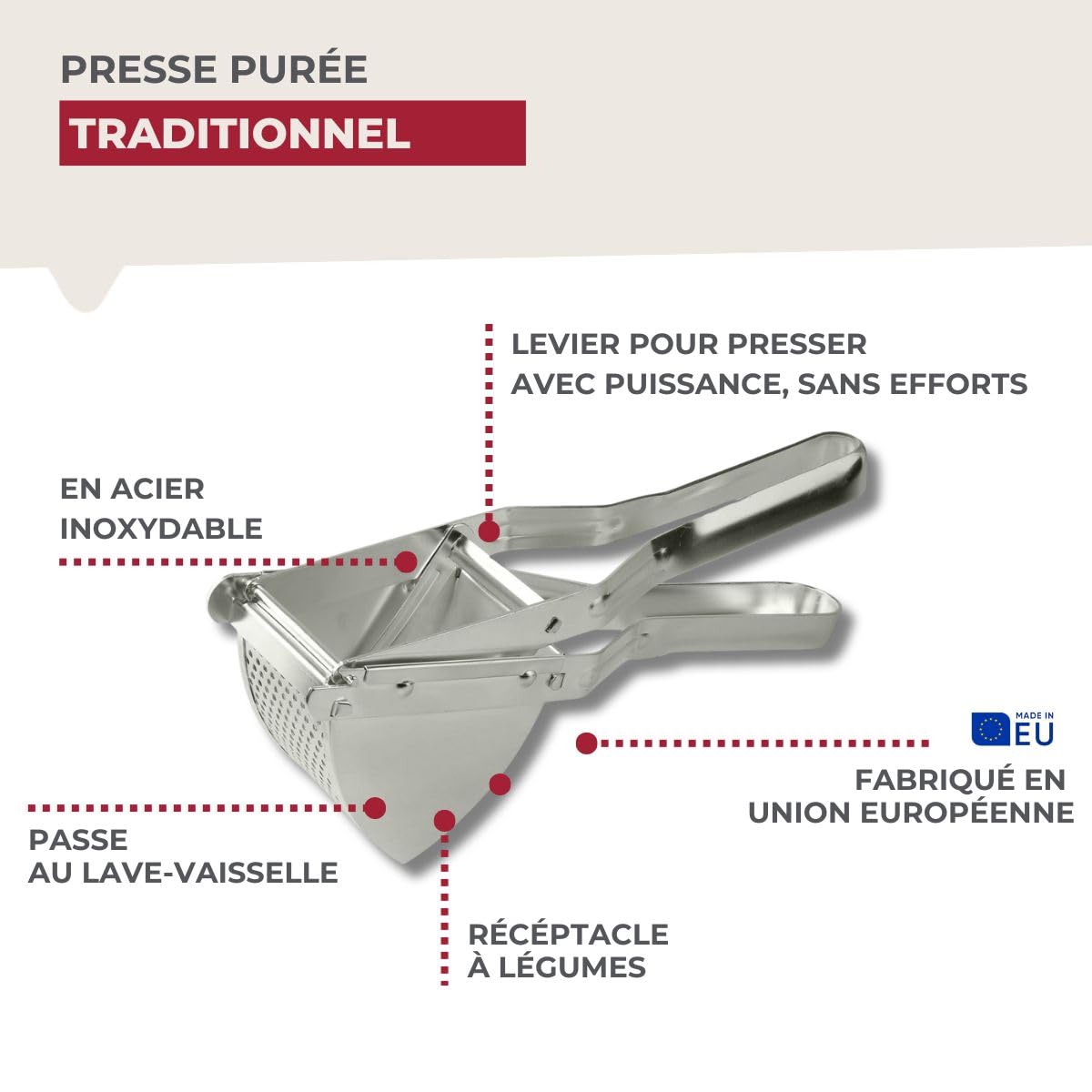 Fackelmann Presse-purée à levier, Acier inoxydable, 29 x 10 x 8,5 cm