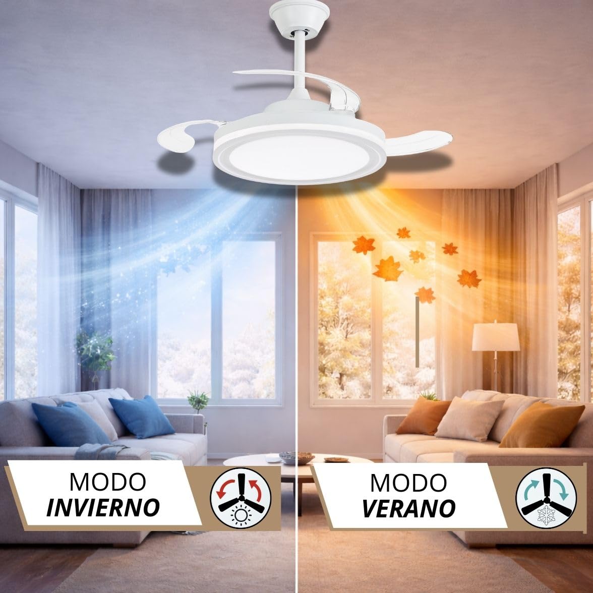 NARVI Ventilador de Techo Silencioso | Control Remoto | 3 Palas Transparentes | Iluminación LED Ajustable 45W | Motor DC Eficiente | Función Invierno/Verano | Blanco