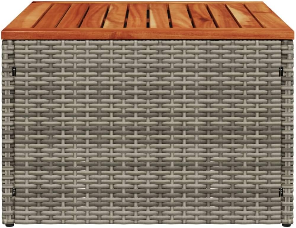 Grey Poly Rattan Garden Coffee Table with Acacia Wood Surface and Powder-Coated Steel Frame 21.7 Inch Square Patio Outdoor Side Table for Balcony, Garden, Casual Dining