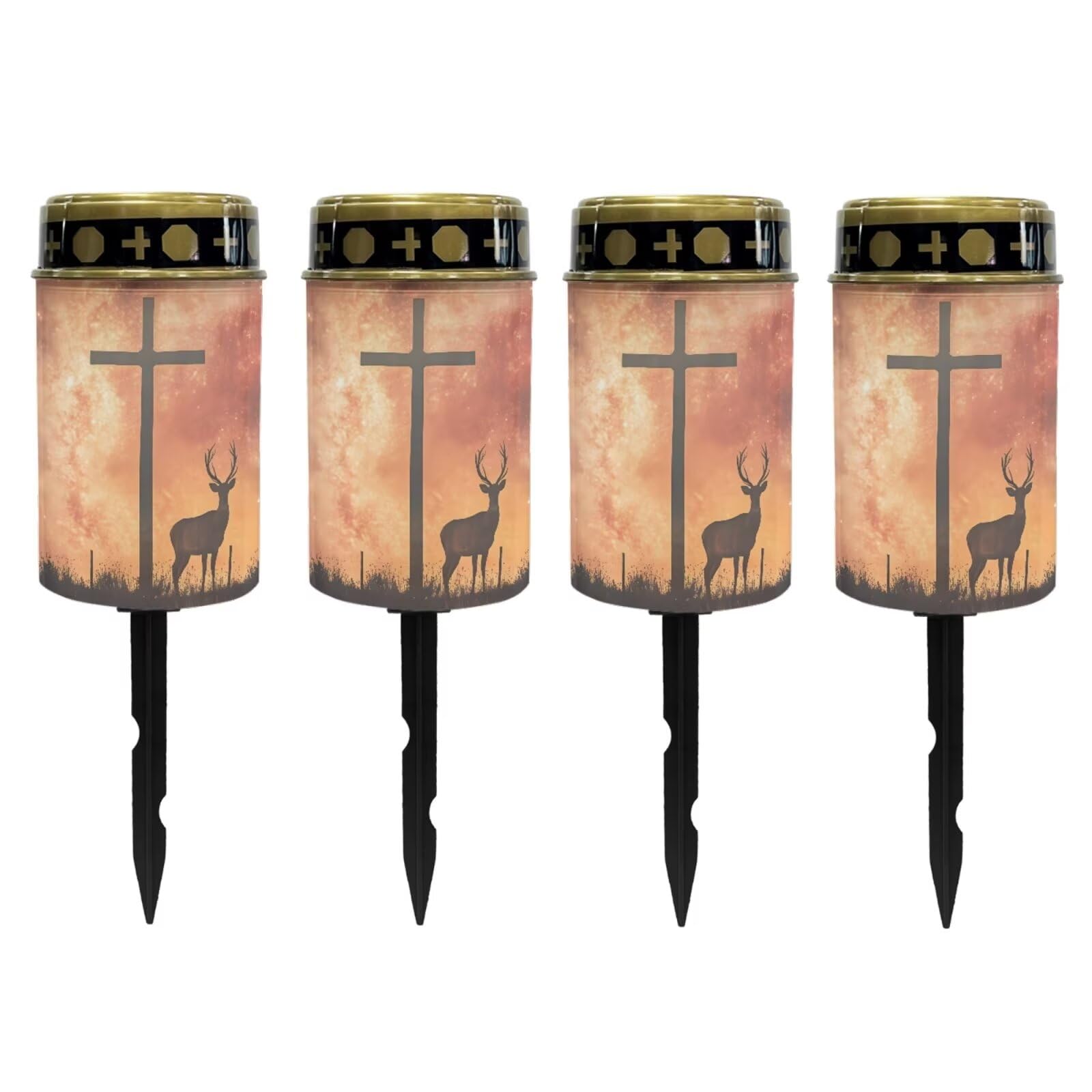 Poceacles 4 Pieces Solar Powered Cross Lights - Flameless Cemetery Votive Candles, Waterproof Memorial Stake Lights for Outdoor Home Decoration, Deer Cross Galaxy Orange