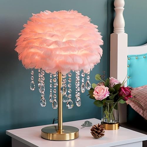 Meefad Lámpara de noche de plumas, elegante luz nocturna, lámpara de escritorio de cristal, lámpara de mesa decorativa, luz nocturna para niñas para