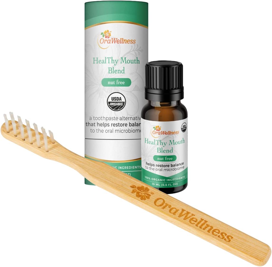 OraWellness Nut Free Healthy Mouth Blend Organic Toothpaste & Mouthwash Alternative + BrushEco Bamboo Toothbrush with 3 Rows to Reduce Gum Disease, Promote Healthy Teeth and Gums